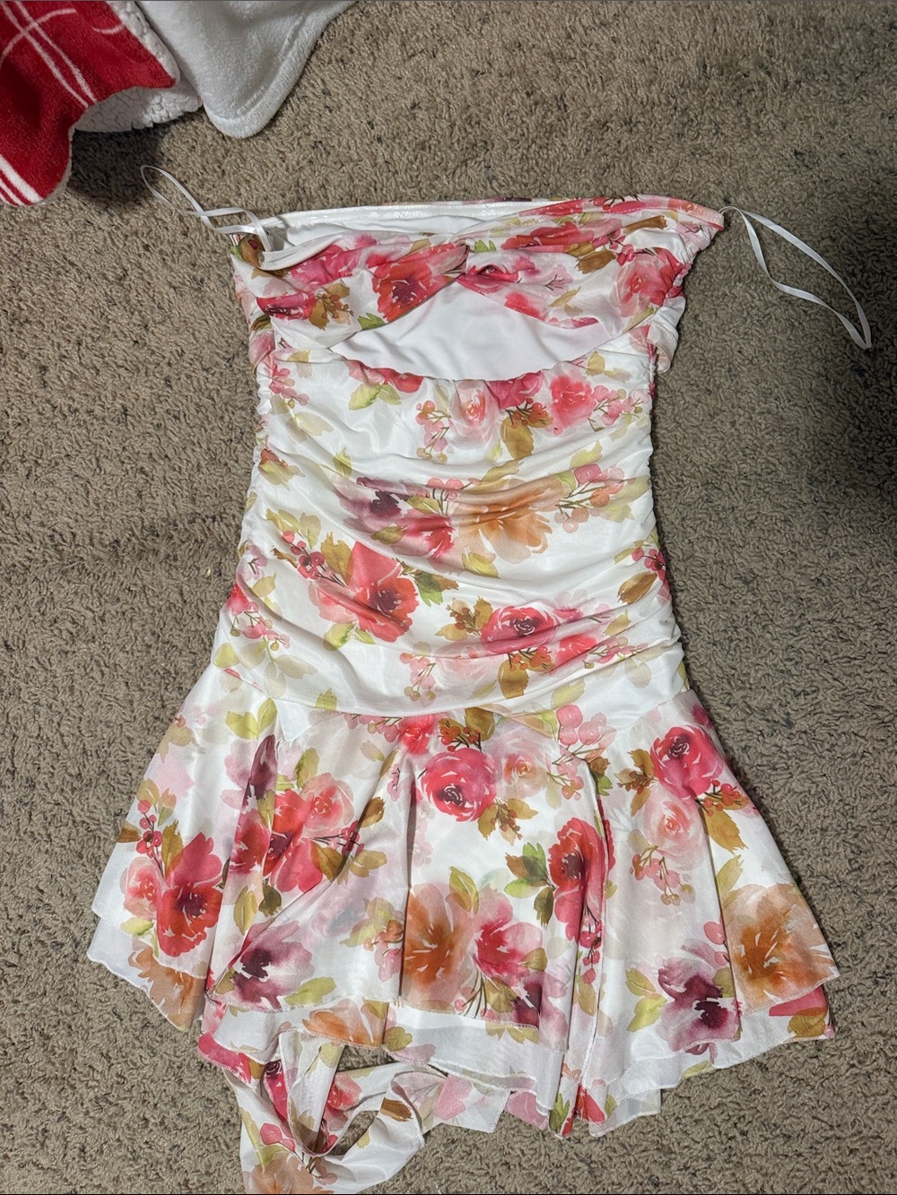 Hello Molly Strapless Floral Mini Dress in White with Pink, Orange & Green - Picture 2 of 3